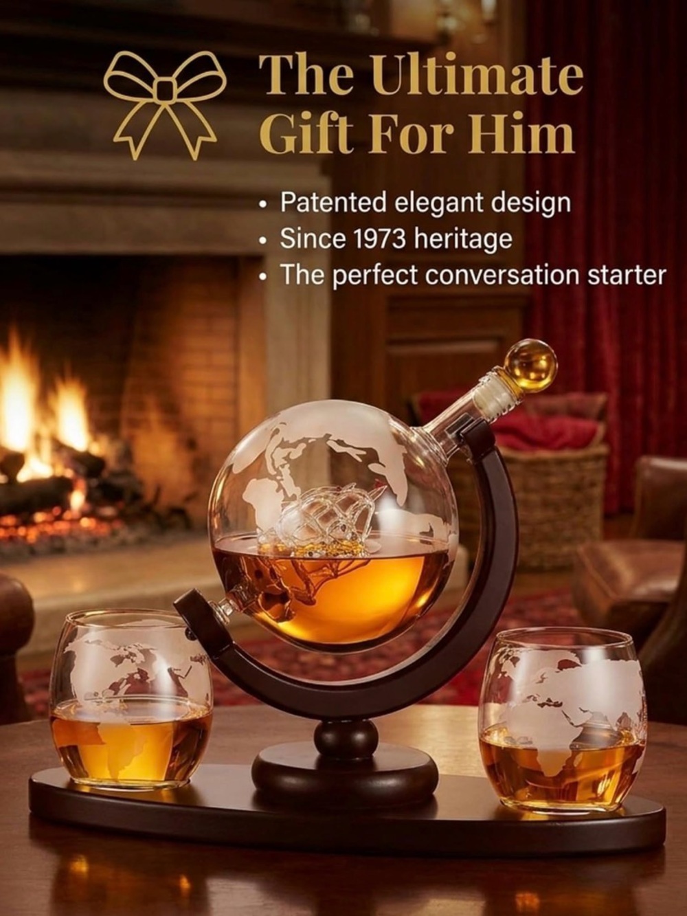 Godinger Voyages Decanter Set with Dark Wood Stand and Etched Globe Glasses